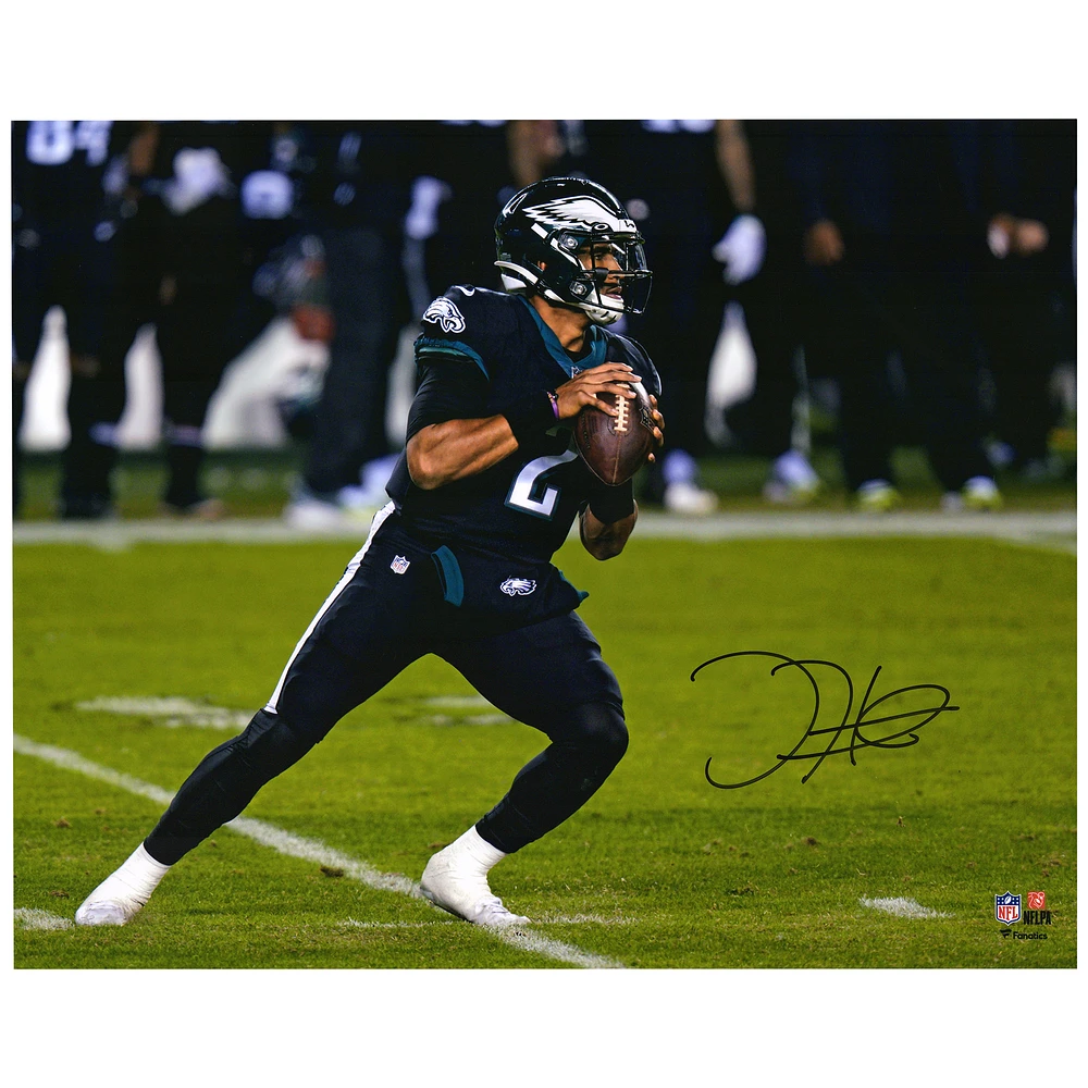 Jalen Hurts Philadelphia Eagles Autographed 16" x 20" Black Jersey Passing Photograph