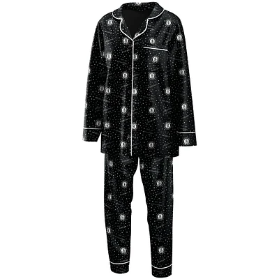 Women's WEAR by Erin Andrews Black Brooklyn Nets Long Sleeve Button-Up Shirt & Pants Sleep Set