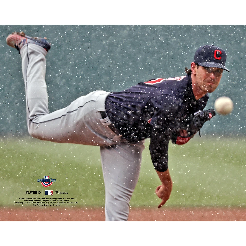Shane Bieber Cleveland Indians Unsigned 2021 Snow Pitching Photograph