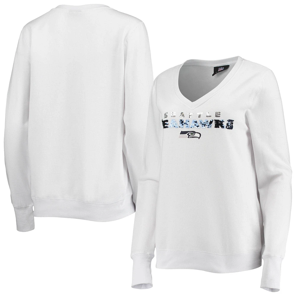 Women's Cuce White Seattle Seahawks Victory V-Neck Pullover Sweatshirt