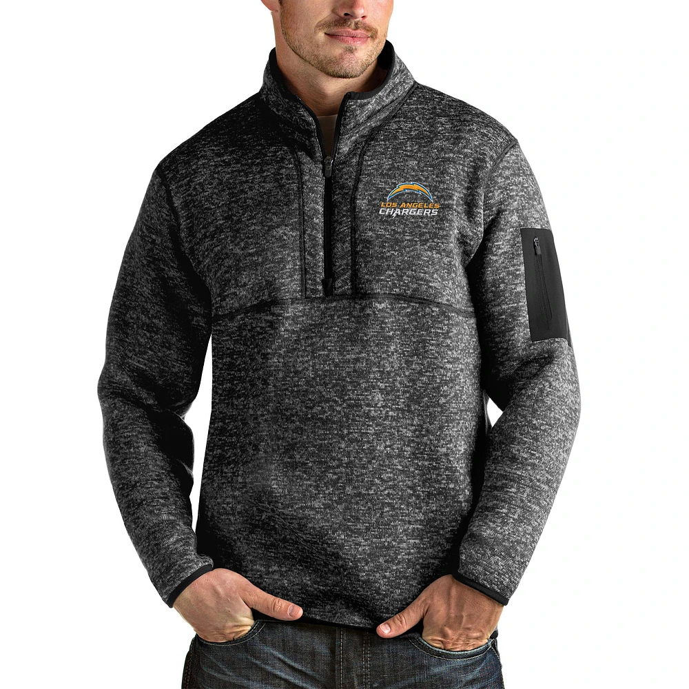 Men's Antigua Heathered Black Los Angeles Chargers Fortune Quarter-Zip Pullover Jacket