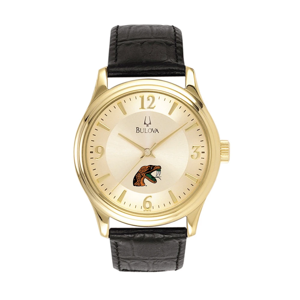 Men's Gold Florida A&M Rattlers Gold-Tone Stainless Steel Leather Band Watch
