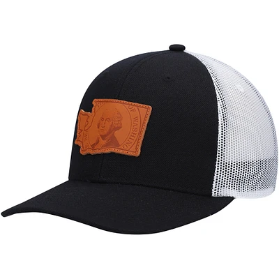 Men's Local Crowns Black Washington Leather State Applique Trucker Snapback Hat