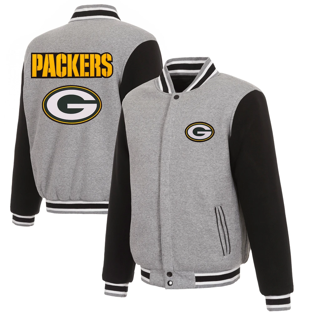 Men's JH Design Gray/Black Green Bay Packers Reversible Fleece Full-Snap Jacket