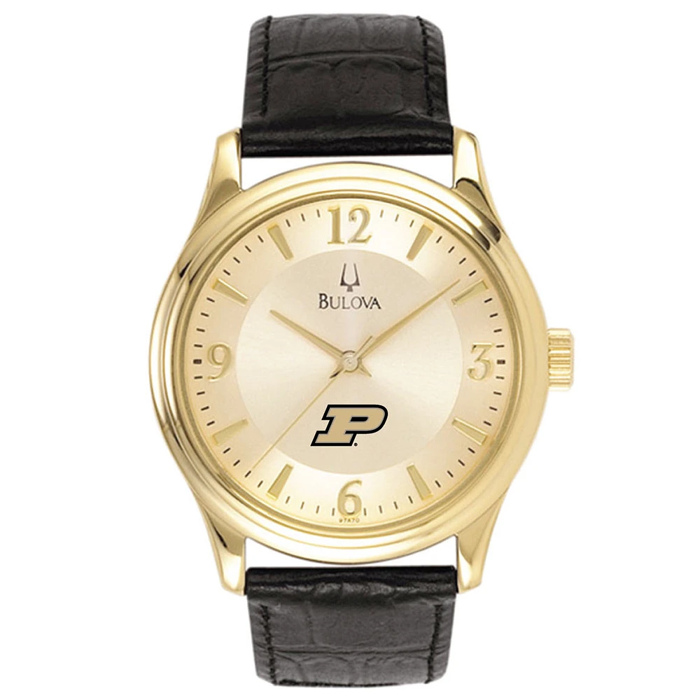 Purdue Boilermakers Gold-Tone Stainless Steel Watch with Black Leather