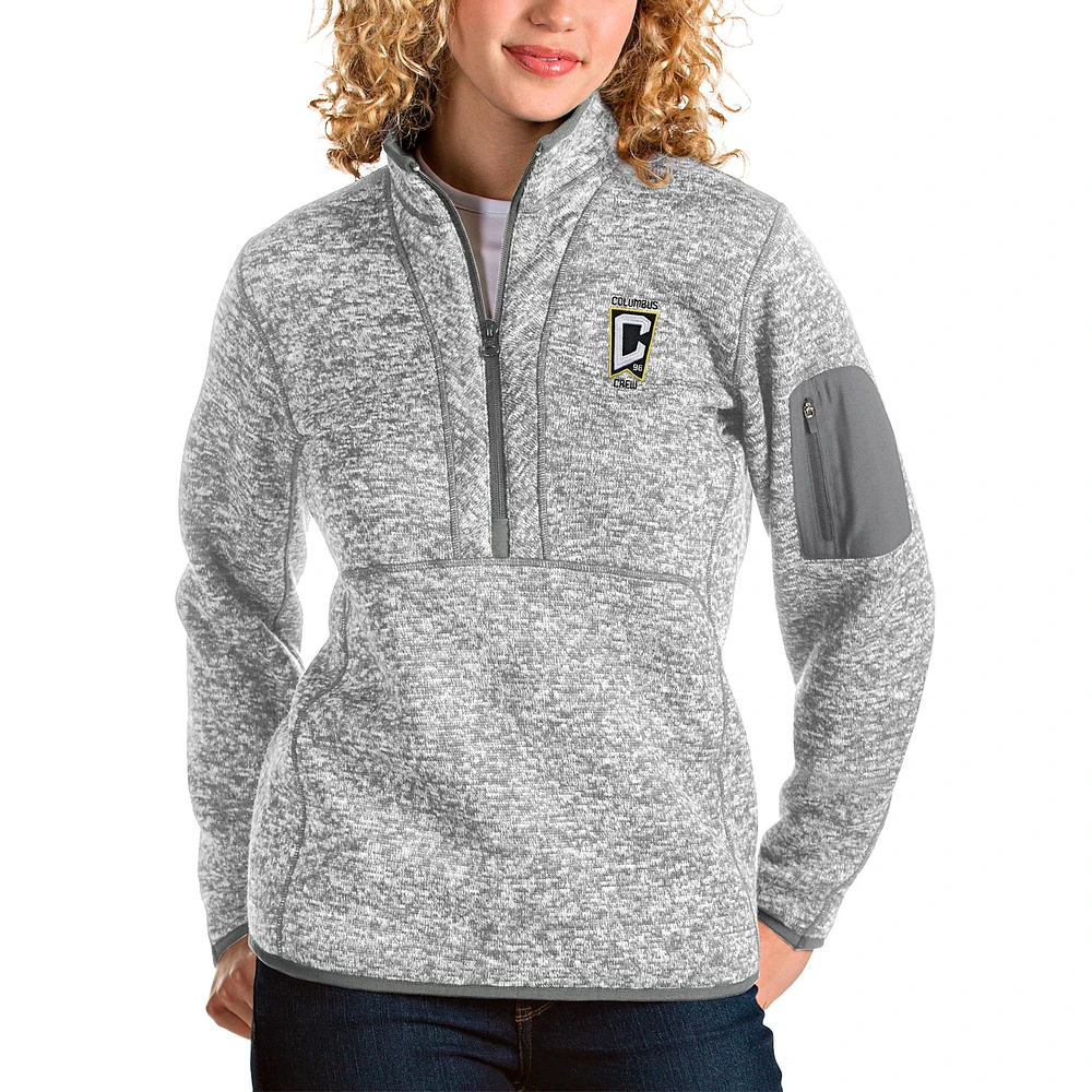 Women's Antigua Heathered Gray Columbus Crew Fortune Quarter-Zip Pullover Jacket