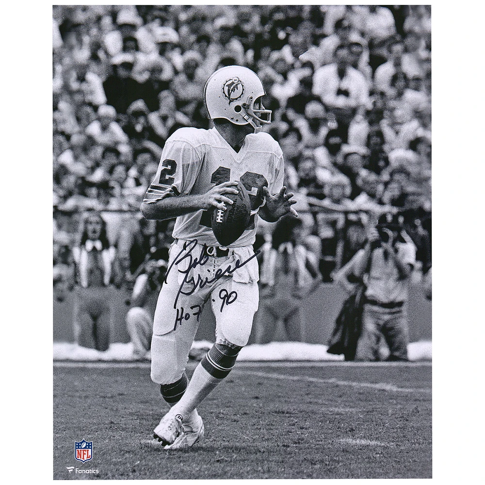 Bob Griese Miami Dolphins Autographed 16" x 20" Black & White Passing Photograph with "HOF 90" Inscription