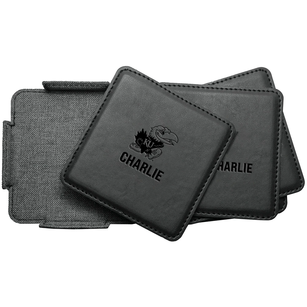 Kansas Jayhawks 4-Pack Personalized Leather Coaster Set