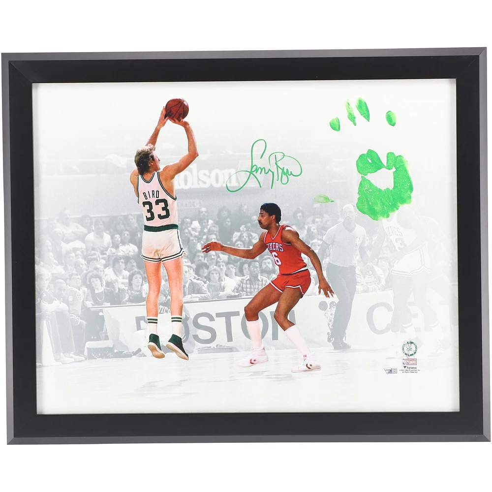 Larry Bird Boston Celtics Autographed 20" x 24" Shot vs. Dr. J Gallery Wrapped Canvas with Green Acrylic Paint Hand Print