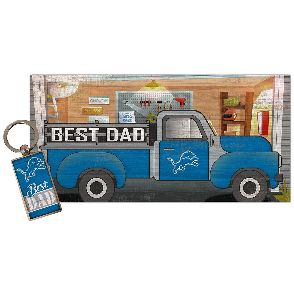 Detroit Lions 6'' x 12'' Best Dad Truck Sign & Key Chain Bundle