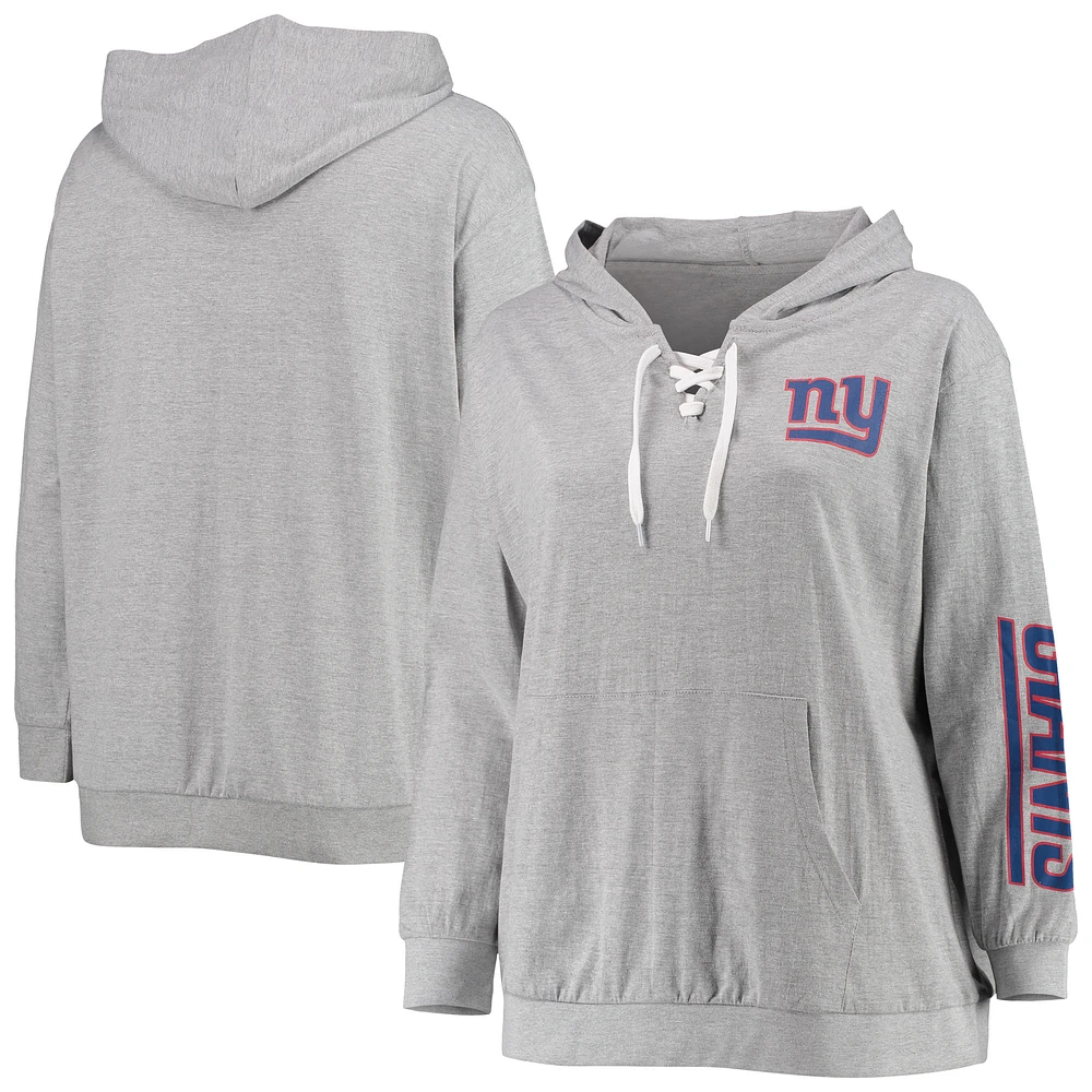 Women's Fanatics Heathered Gray New York Giants Plus Size Lace-Up Pullover Hoodie