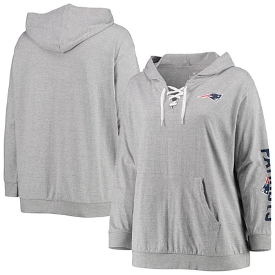 Women's Fanatics Heathered Gray New England Patriots Plus Size Lace-Up Pullover Hoodie