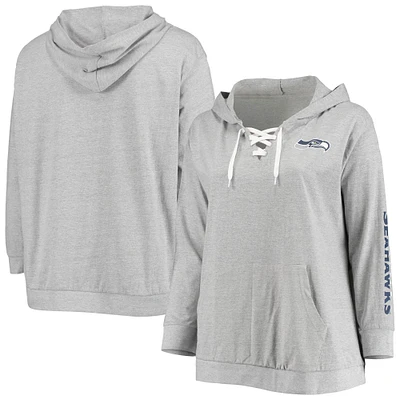 Women's Fanatics Heathered Gray Seattle Seahawks Plus Size Lace-Up Pullover Hoodie