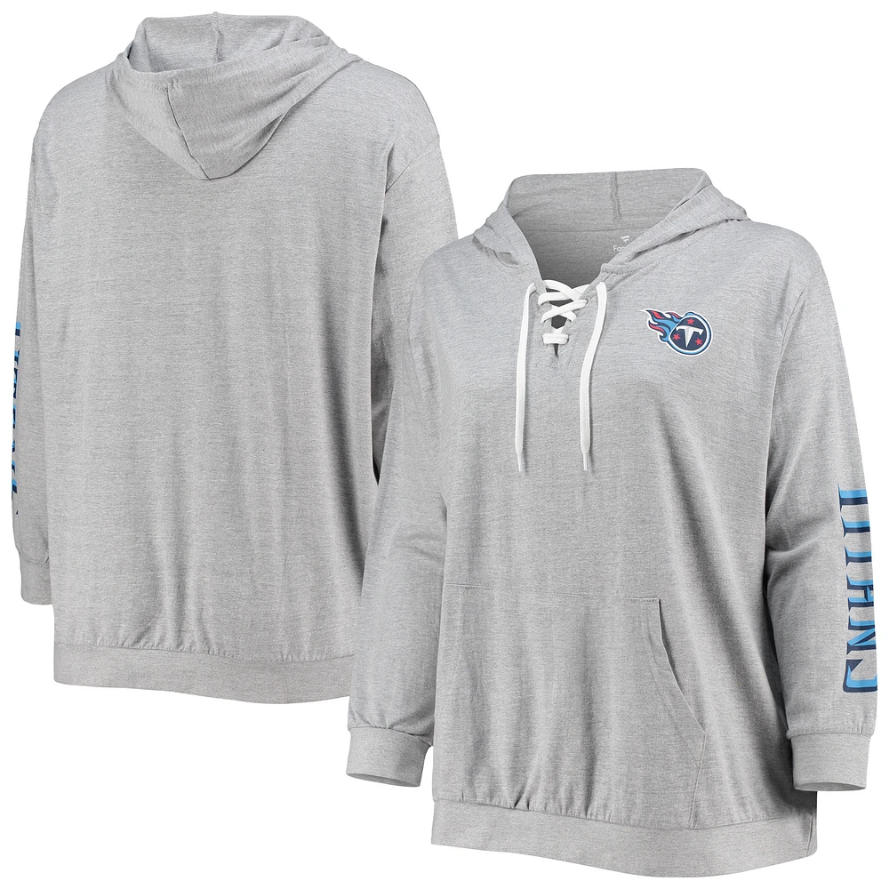 Women's Fanatics Heathered Gray Tennessee Titans Plus Size Lace-Up Pullover Hoodie