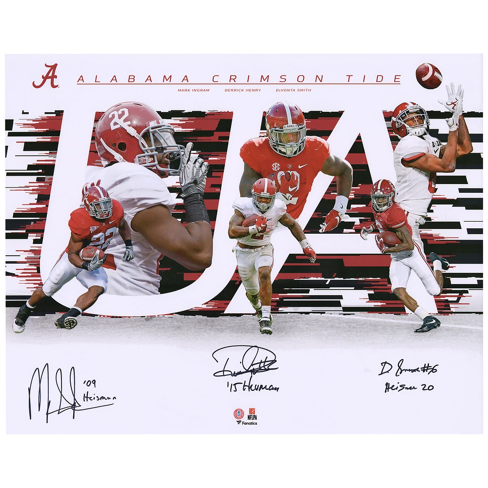 Derrick Henry & DeVonta Smith & Mark Ingram Alabama Crimson Tide Autographed 16" x 20" Photograph with Heisman Inscriptions