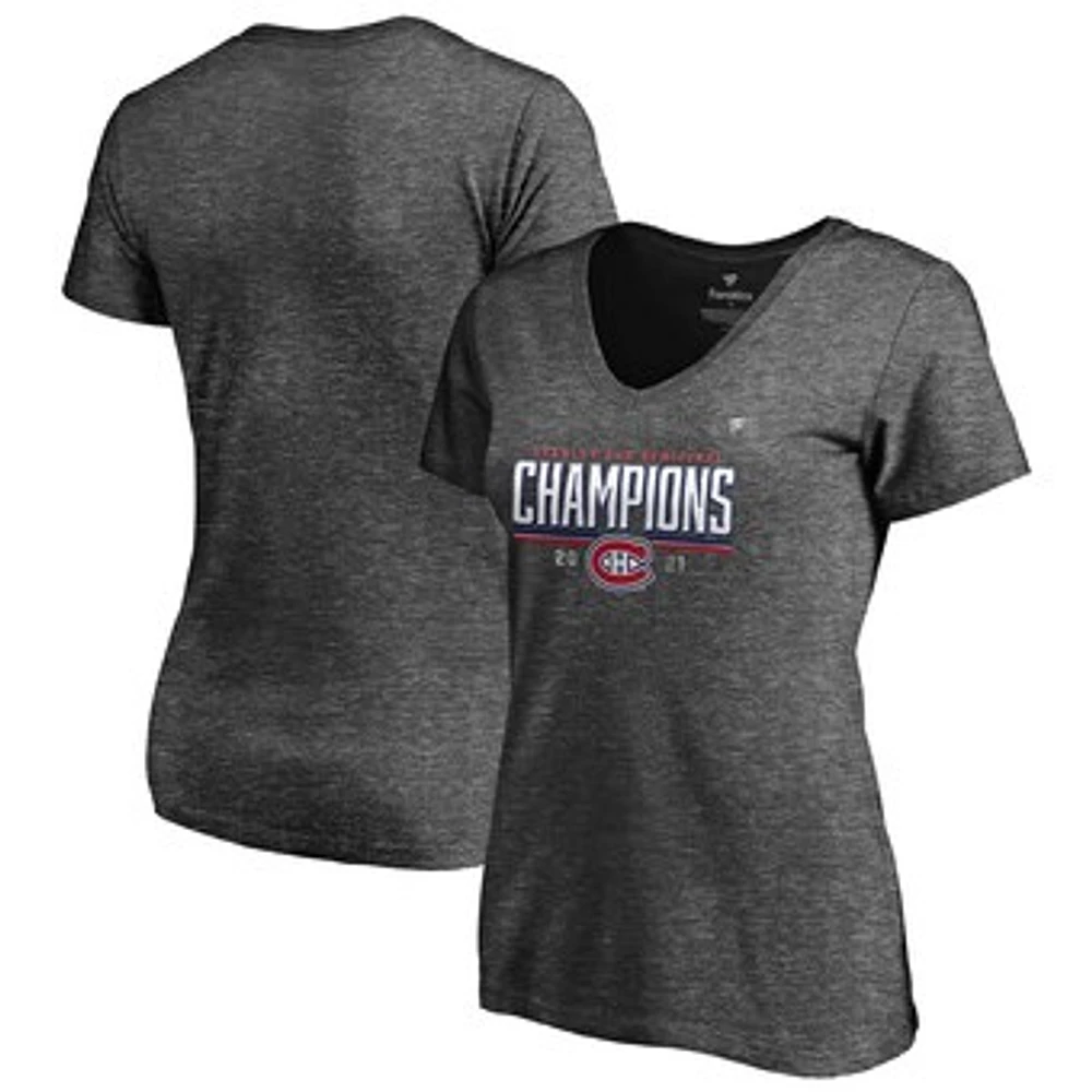 Women's Fanatics Heathered Charcoal Montreal Canadiens 2021 Stanley Cup Semifinal Champions Plus Size Locker Room V-Neck T-Shirt
