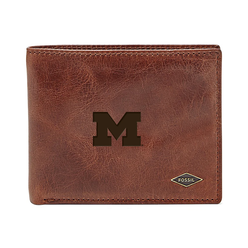Men's Fossil Brown Michigan Wolverines Ryan RFID Flip ID Bi-Fold Wallet