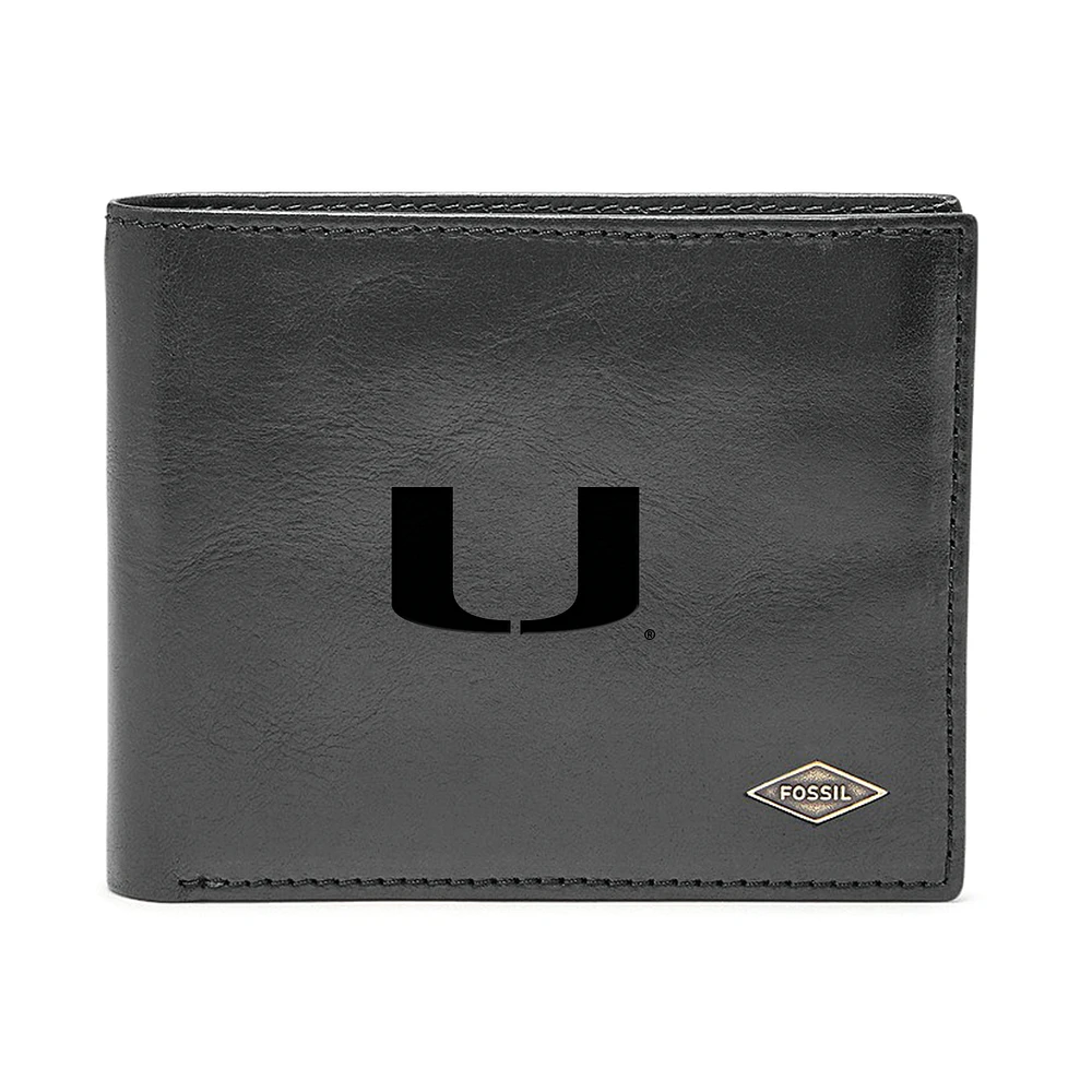 Men's Fossil Black Miami Hurricanes Ryan RFID Flip ID Bi-Fold Wallet