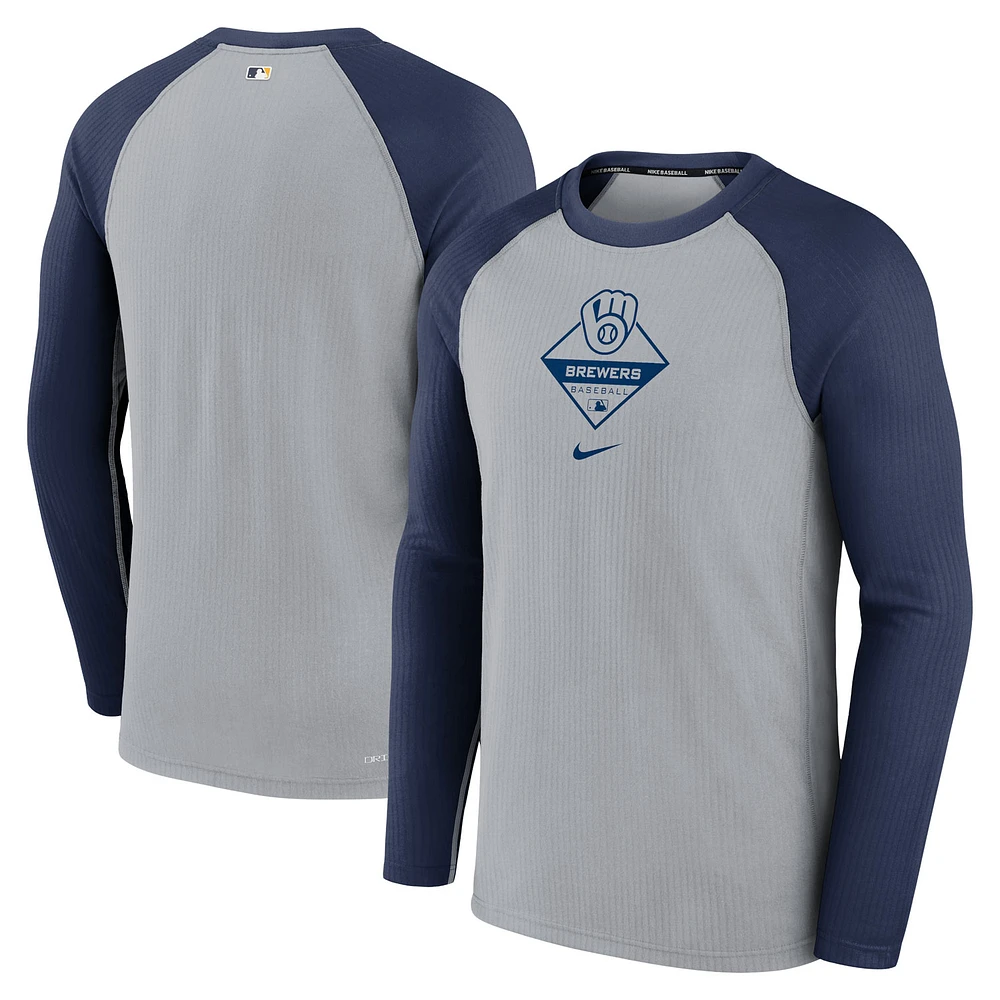 Men's Nike Gray/Navy Milwaukee Brewers Game Authentic Collection Performance Raglan Long Sleeve T-Shirt