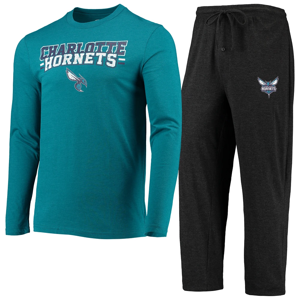 Men's Concepts Sport Black/Teal Charlotte Hornets Long Sleeve Top & Pants Sleep Set