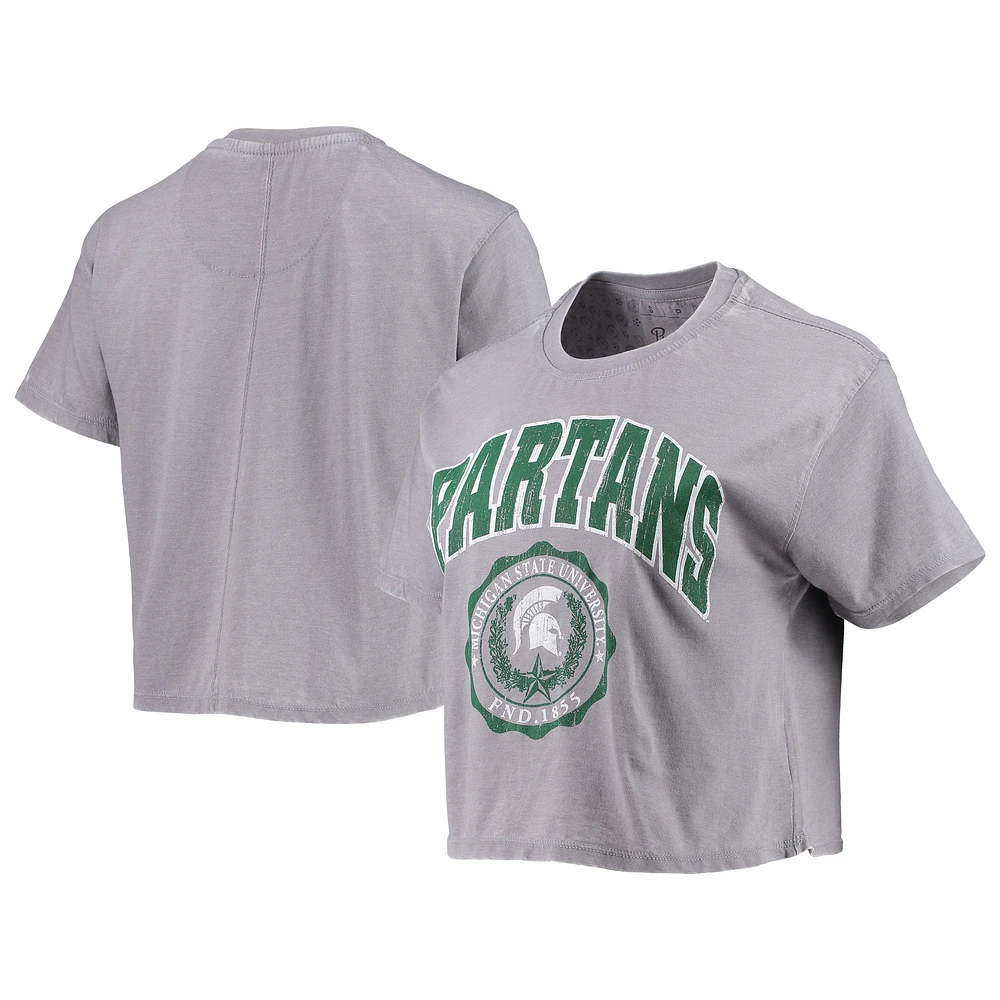 Women's Pressbox Heather Gray Michigan State Spartans Edith Vintage Burnout Crop T-Shirt