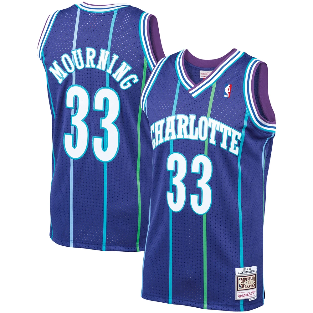 Men's Mitchell & Ness Alonzo Mourning Purple Charlotte Hornets 1994/95 Hardwood Classics Swingman Jersey
