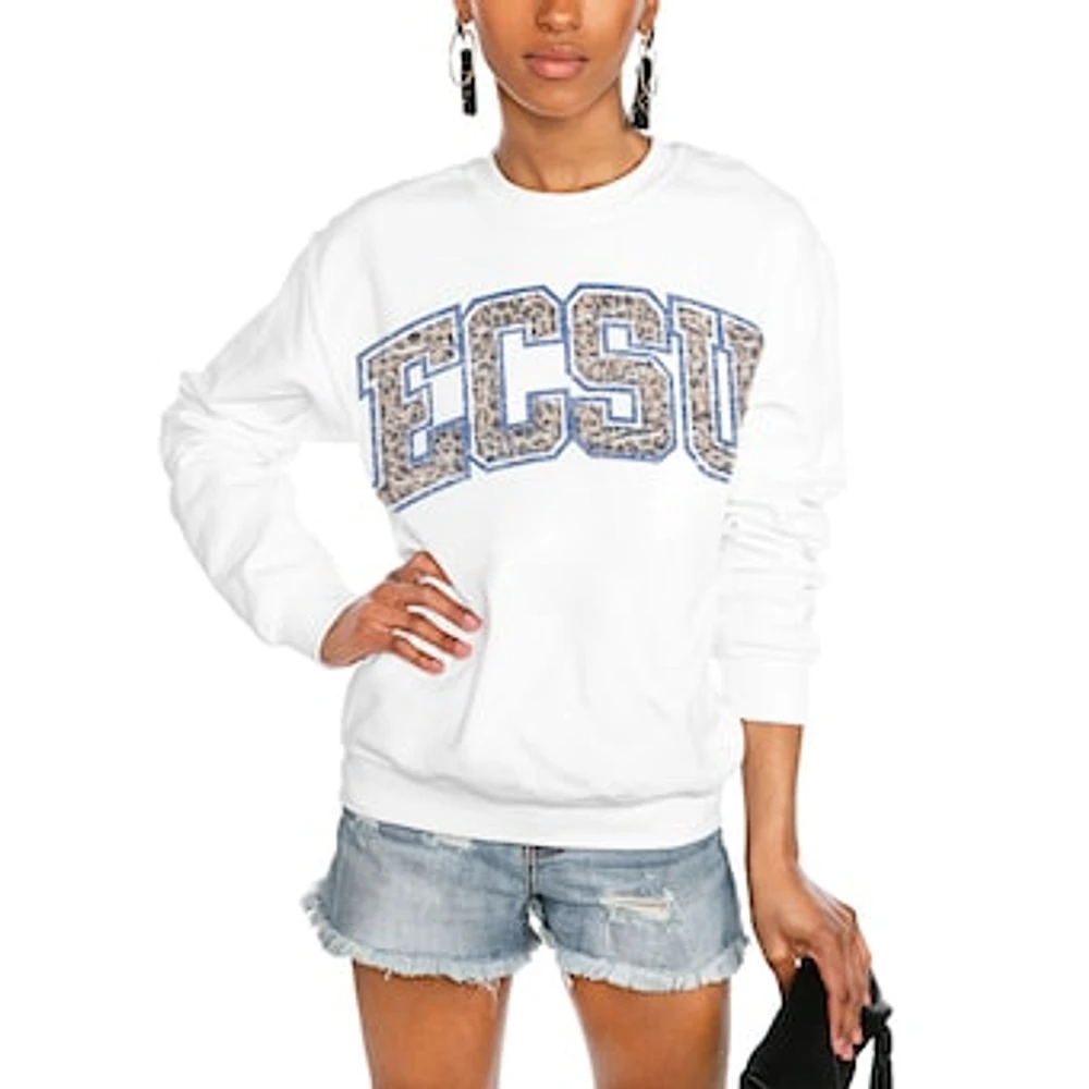 Women's Gameday Couture White Elizabeth City State University Vikings Distressed Snap Perfect Oversized Pullover Sweatshirt