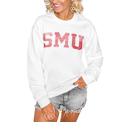 Women's Gameday Couture White SMU Mustangs Distressed Snap Perfect Oversized Pullover Sweatshirt