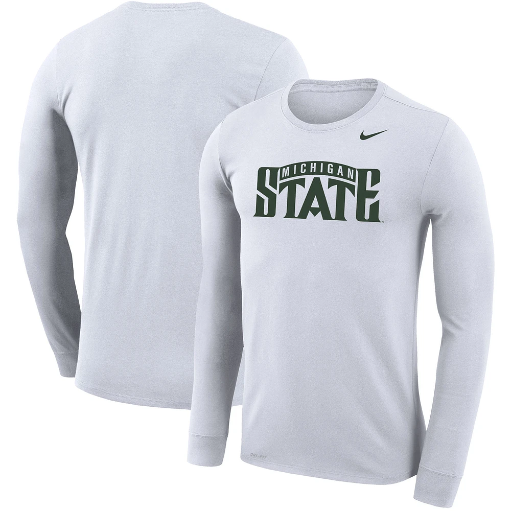 Men's Nike White Michigan State Spartans School Wordmark Logo Performance Legend Long Sleeve T-Shirt