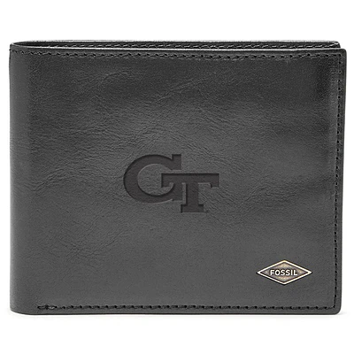 Men's Fossil Black Georgia Tech Yellow Jackets Leather Ryan RFID Flip ID Bifold Wallet