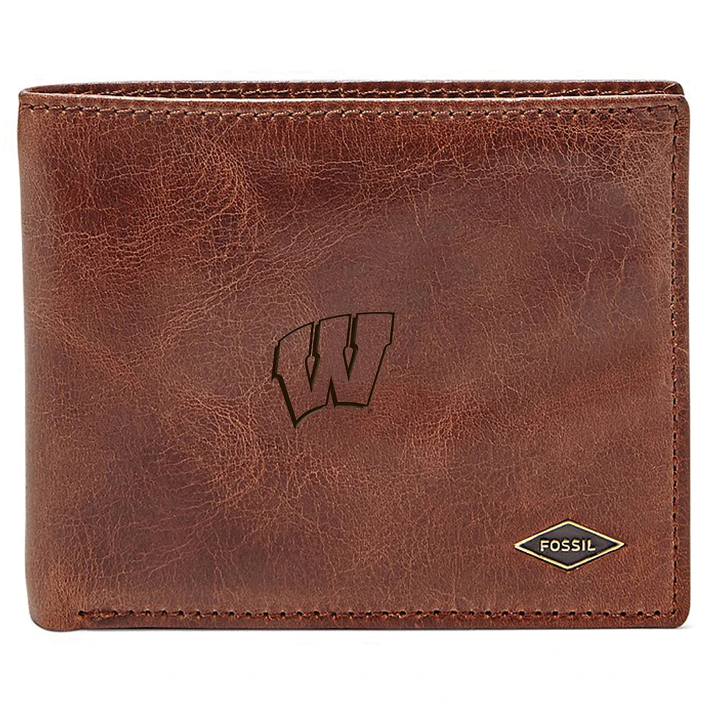 Men's Fossil Brown Wisconsin Badgers Leather Ryan RFID Flip ID Bifold Wallet