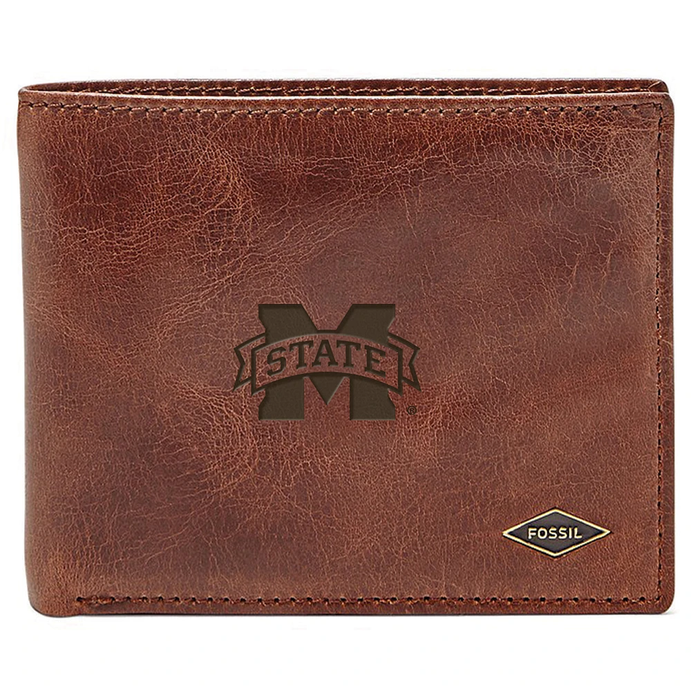 Men's Fossil Brown Mississippi State Bulldogs Leather Ryan RFID Flip ID Bifold Wallet