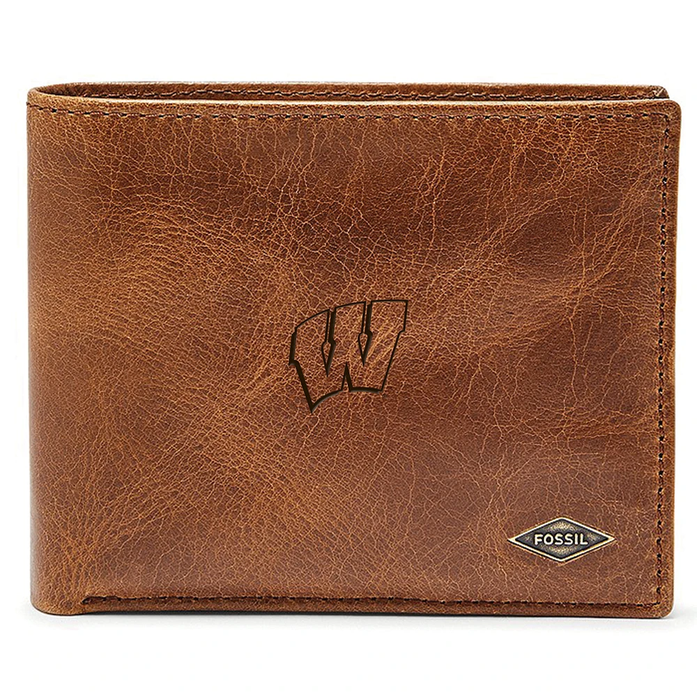 Men's Fossil Brown Wisconsin Badgers Leather Ryan RFID Passcase Wallet
