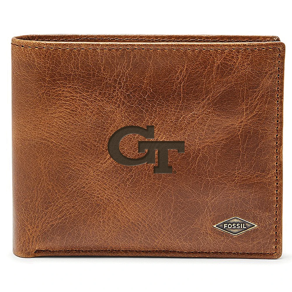 Men's Fossil Brown Georgia Tech Yellow Jackets Leather Ryan RFID Passcase Wallet