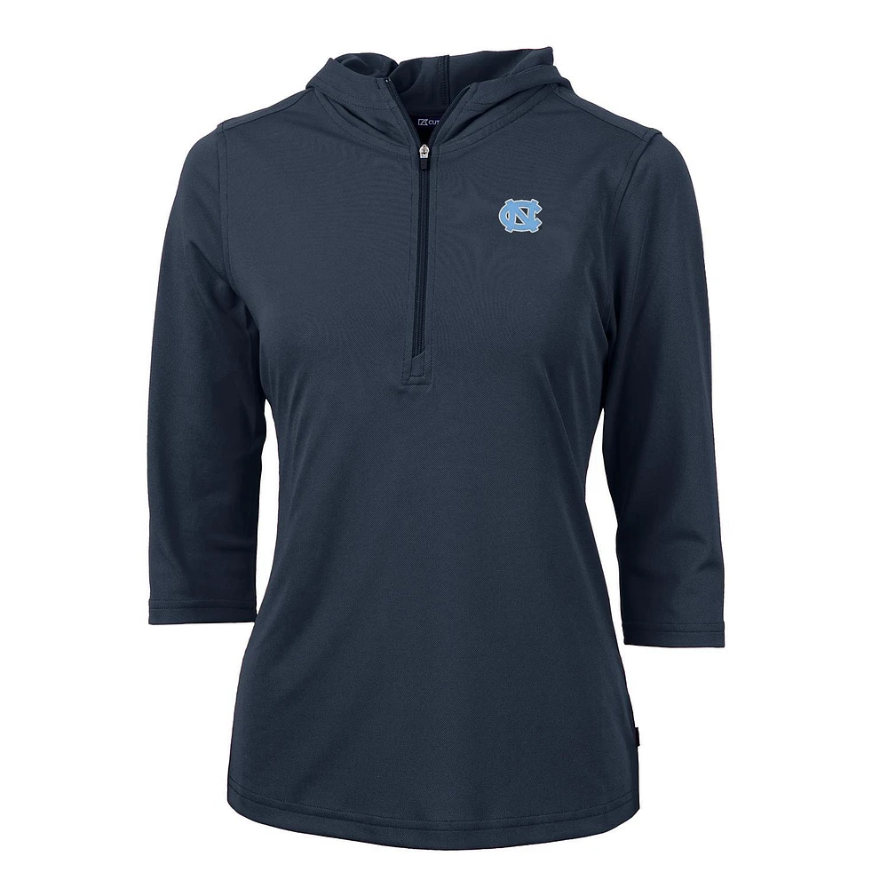 Women's Cutter & Buck Navy North Carolina Tar Heels Virtue Eco Pique 3/4 Sleeve Half-Zip Pullover Hoodie