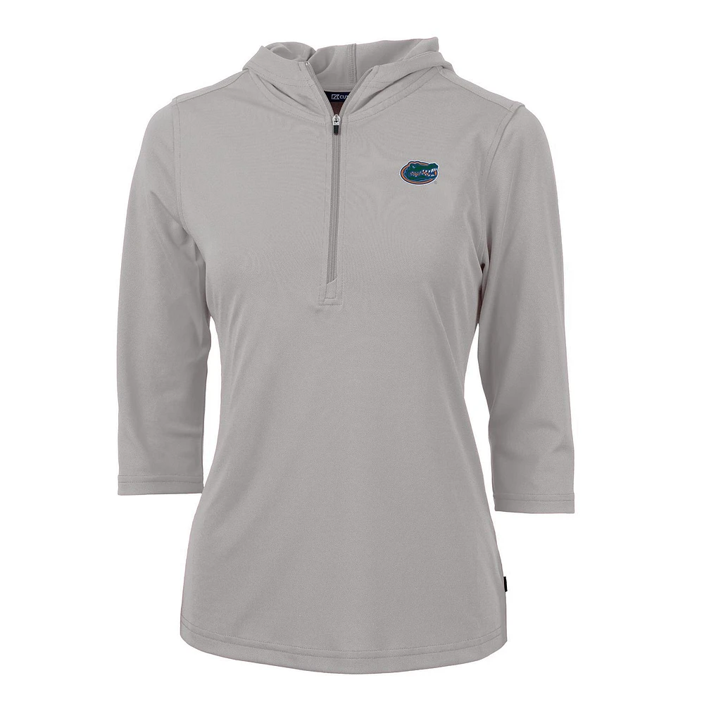 Women's Cutter & Buck Gray Florida Gators Virtue Eco Pique 3/4 Sleeve Half-Zip Pullover Hoodie