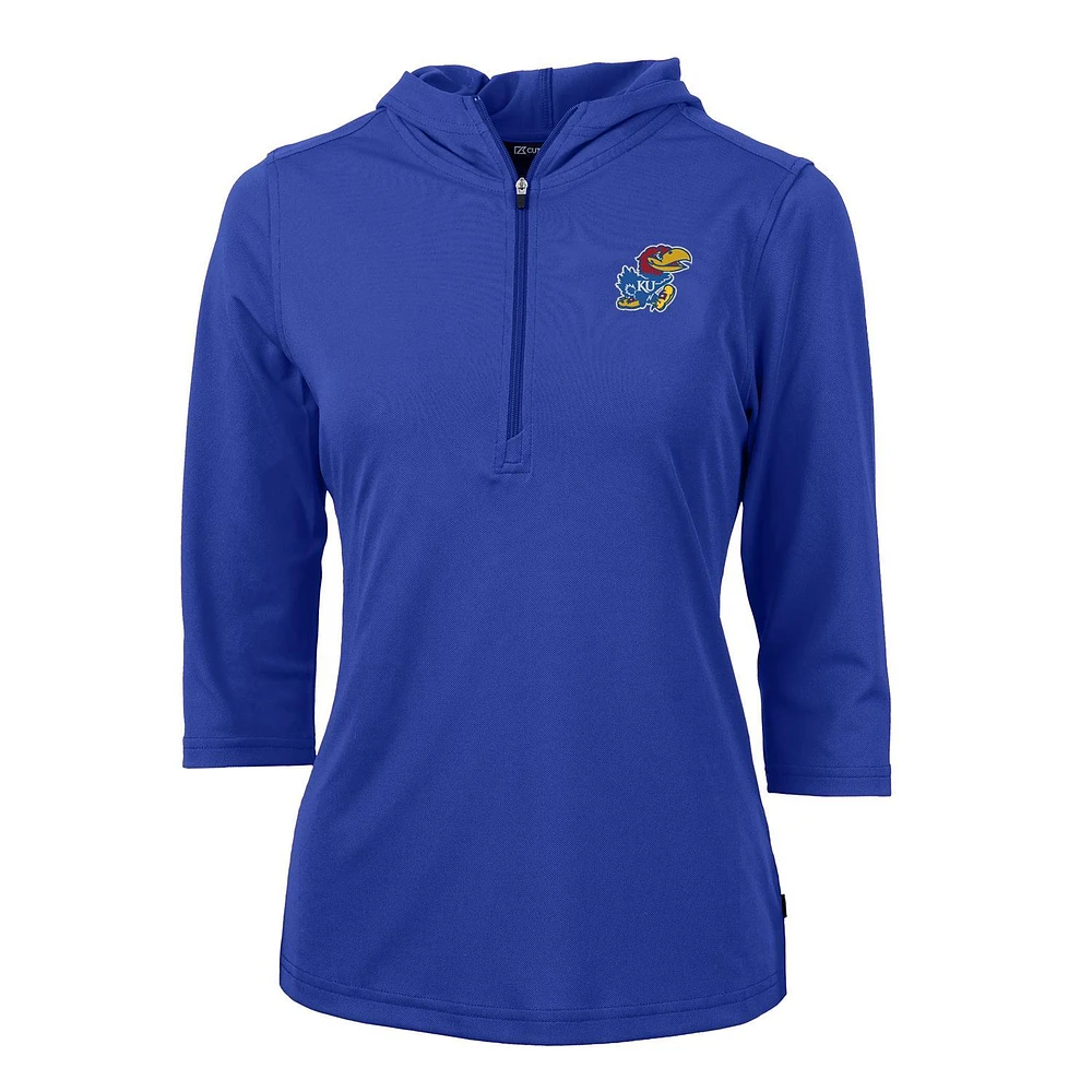 Women's Cutter & Buck Kansas Jayhawks Virtue Eco Pique 3/4 Sleeve Half-Zip Pullover Hoodie