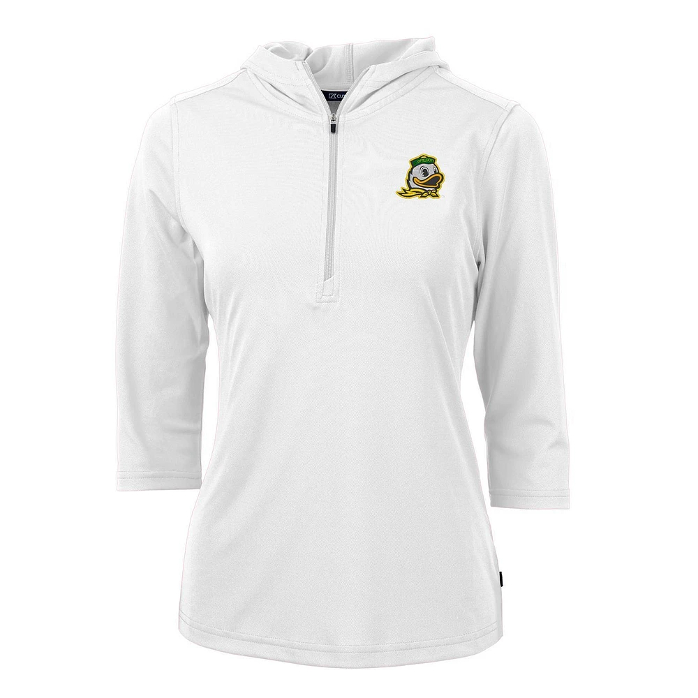 Women's Cutter & Buck White Oregon Ducks Virtue Eco Pique 3/4 Sleeve Half-Zip Pullover Hoodie