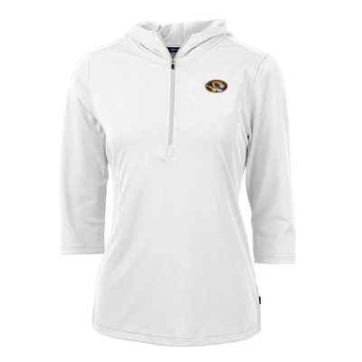 Women's Cutter & Buck White Missouri Tigers Virtue Eco Pique 3/4 Sleeve Half-Zip Pullover Hoodie