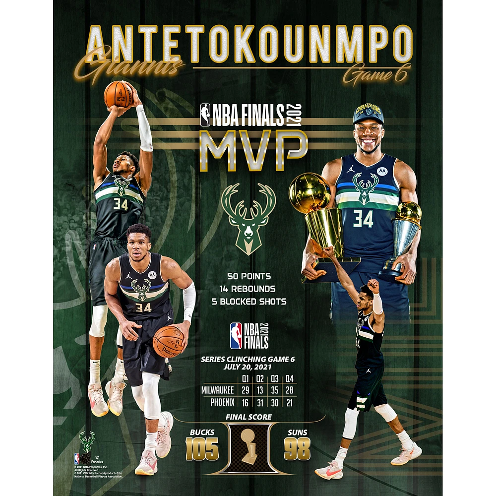 Giannis Antetokounmpo Milwaukee Bucks Unsigned 2021 Bill Russell NBA Finals MVP Collage Photograph