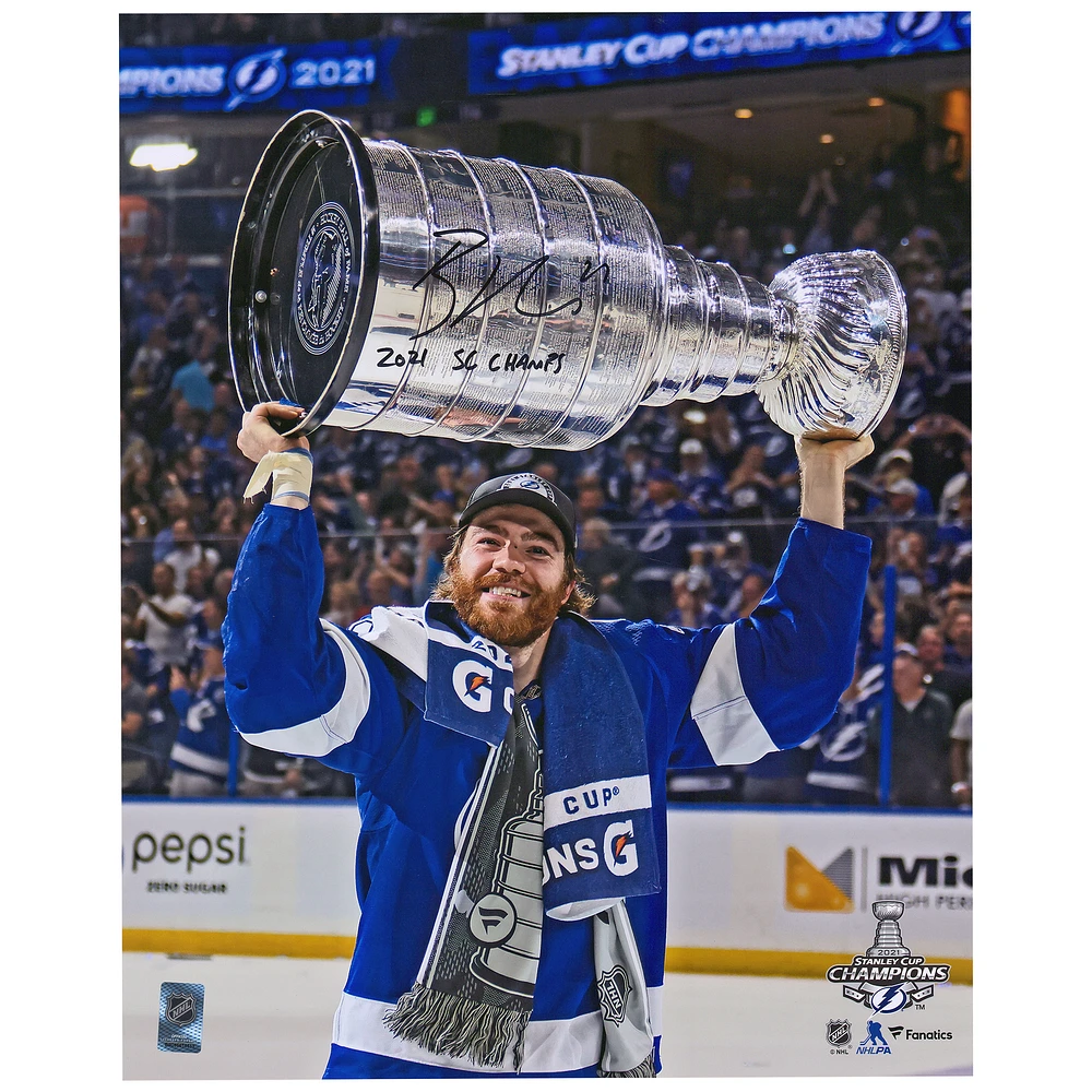 Brayden Point Tampa Bay Lightning Autographed 2021 Stanley Cup Champions 16" x 20" Raising Cup Photograph with "2021 SC Champs" Inscription