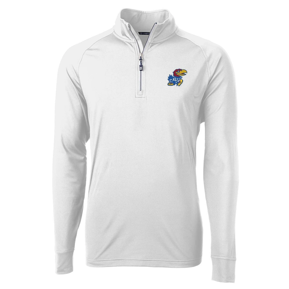 Men's Cutter & Buck White Kansas Jayhawks Adapt Eco Knit Quarter-Zip Pullover Jacket