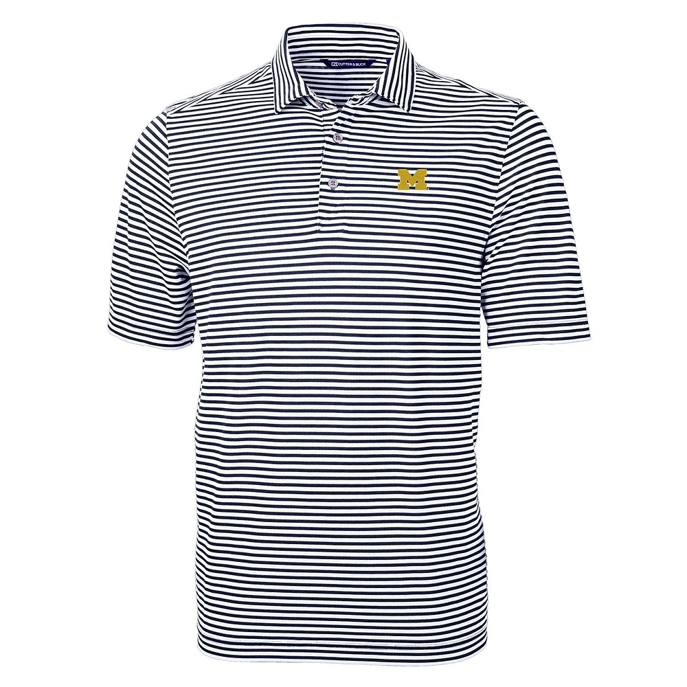 Men's Cutter & Buck Navy Michigan Wolverines Virtue Eco Pique Stripe Recycled Polo