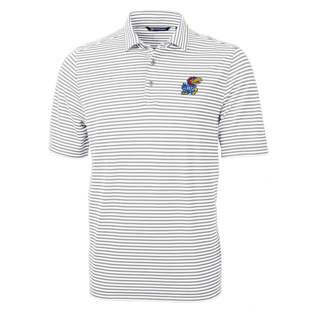 Men's Cutter & Buck Gray Kansas Jayhawks Virtue Eco Pique Stripe Recycled Polo