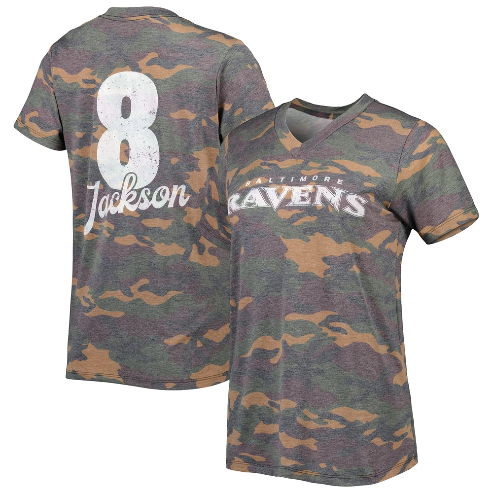 Women's Majestic Threads Lamar Jackson Camo Baltimore Ravens Name & Number V-Neck Tri-Blend T-Shirt