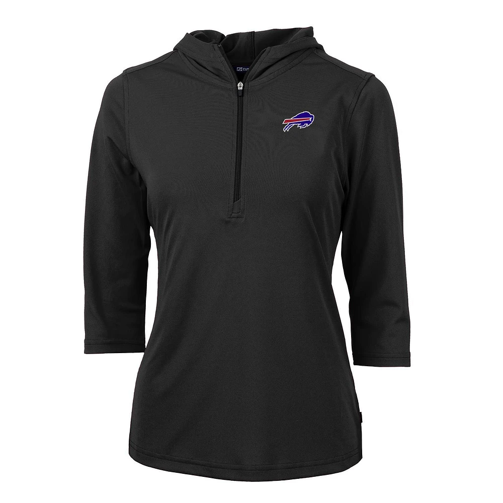 Women's Cutter & Buck Black Buffalo Bills Virtue Eco Pique Half-Zip 3/4 Sleeve Pullover Hoodie