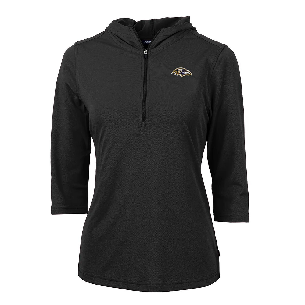 Women's Cutter & Buck Black Baltimore Ravens Virtue Eco Pique Half-Zip 3/4 Sleeve Pullover Hoodie