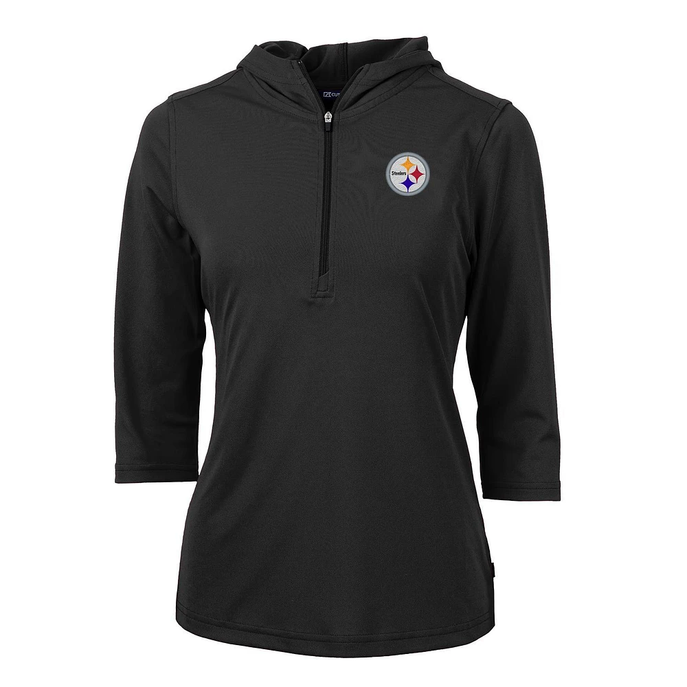 Women's Cutter & Buck Black Pittsburgh Steelers Virtue Eco Pique Half-Zip 3/4 Sleeve Pullover Hoodie
