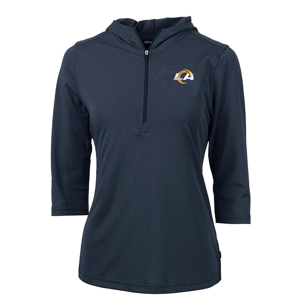 Women's Cutter & Buck Navy Los Angeles Rams Virtue Eco Pique Half-Zip 3/4 Sleeve Pullover Hoodie