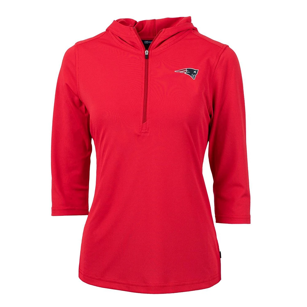 Women's Cutter & Buck Red New England Patriots Virtue Eco Pique Half-Zip 3/4 Sleeve Pullover Hoodie